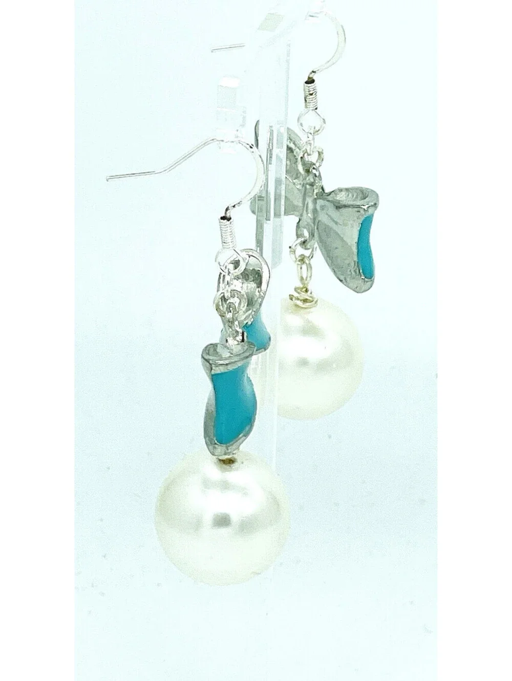 Enamel Blue Bow Large Pearl Drop Earrings Handmade French Hooks Silvertone 15mm